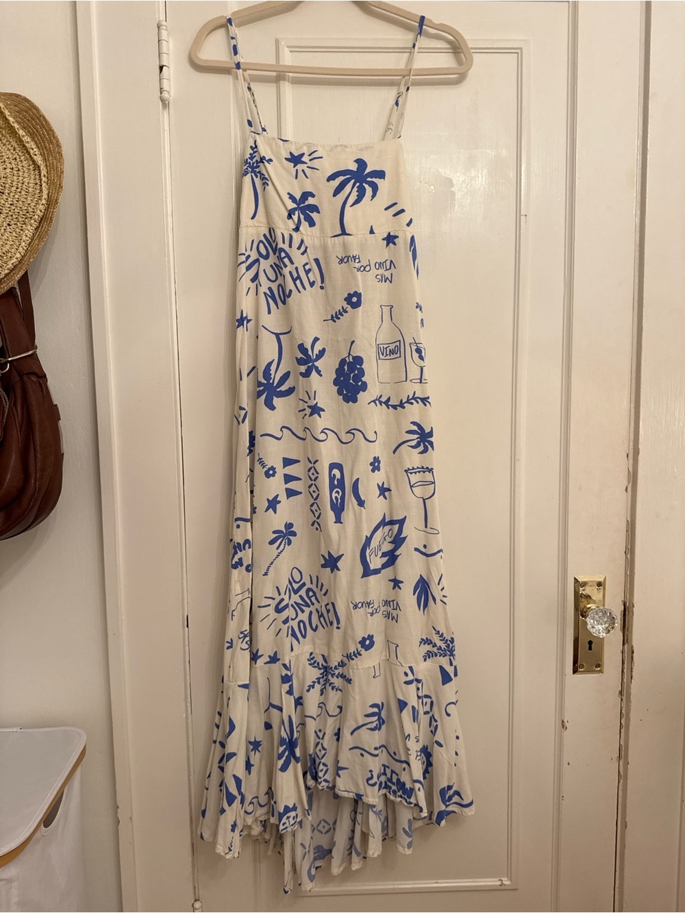 Blue & White Printed Maxi Dress with Spaghetti Straps